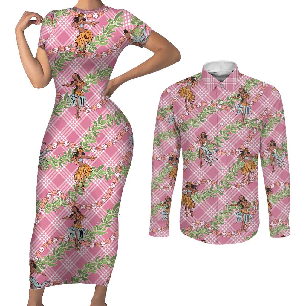 Lokelani Pink Palaka Hula Girls Seamless Hawaii Aloha Couples Matching Short Sleeve Bodycon Dress and Long Sleeve Button Shirt LT7 Pink - Polynesian Pride