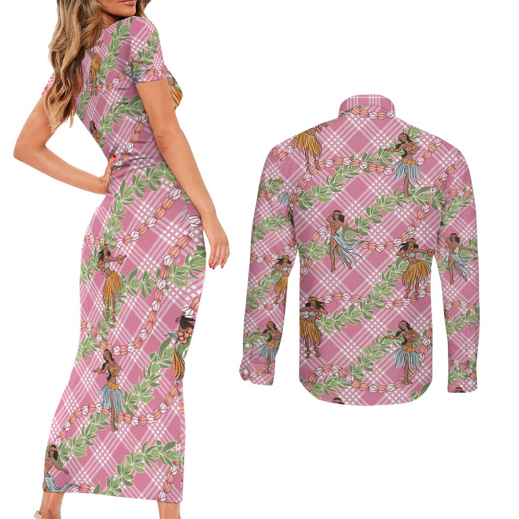 Lokelani Pink Palaka Hula Girls Seamless Hawaii Aloha Couples Matching Short Sleeve Bodycon Dress and Long Sleeve Button Shirt LT7 - Polynesian Pride