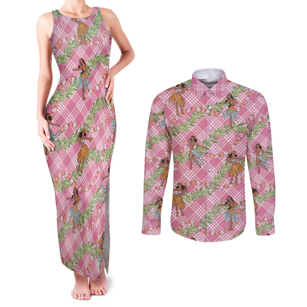 Lokelani Pink Palaka Hula Girls Seamless Hawaii Aloha Couples Matching Tank Maxi Dress and Long Sleeve Button Shirt LT7 Pink - Polynesian Pride