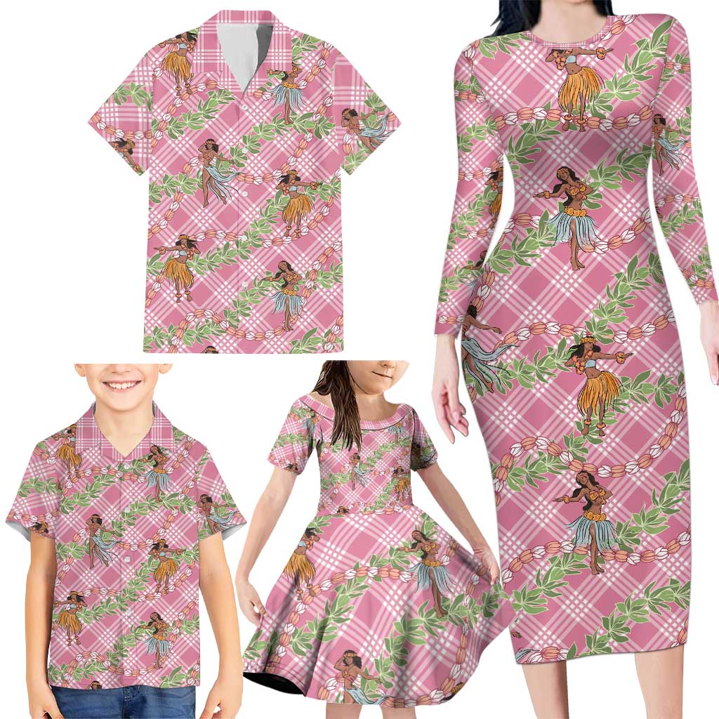 Lokelani Pink Palaka Hula Girls Seamless Hawaii Aloha Family Matching Long Sleeve Bodycon Dress and Hawaiian Shirt - Polynesian Pride