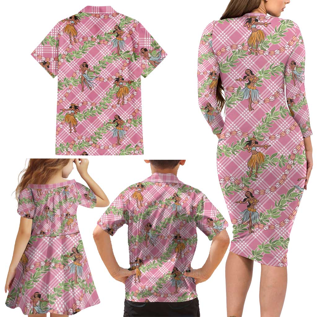 Lokelani Pink Palaka Hula Girls Seamless Hawaii Aloha Family Matching Long Sleeve Bodycon Dress and Hawaiian Shirt LT7 - Polynesian Pride