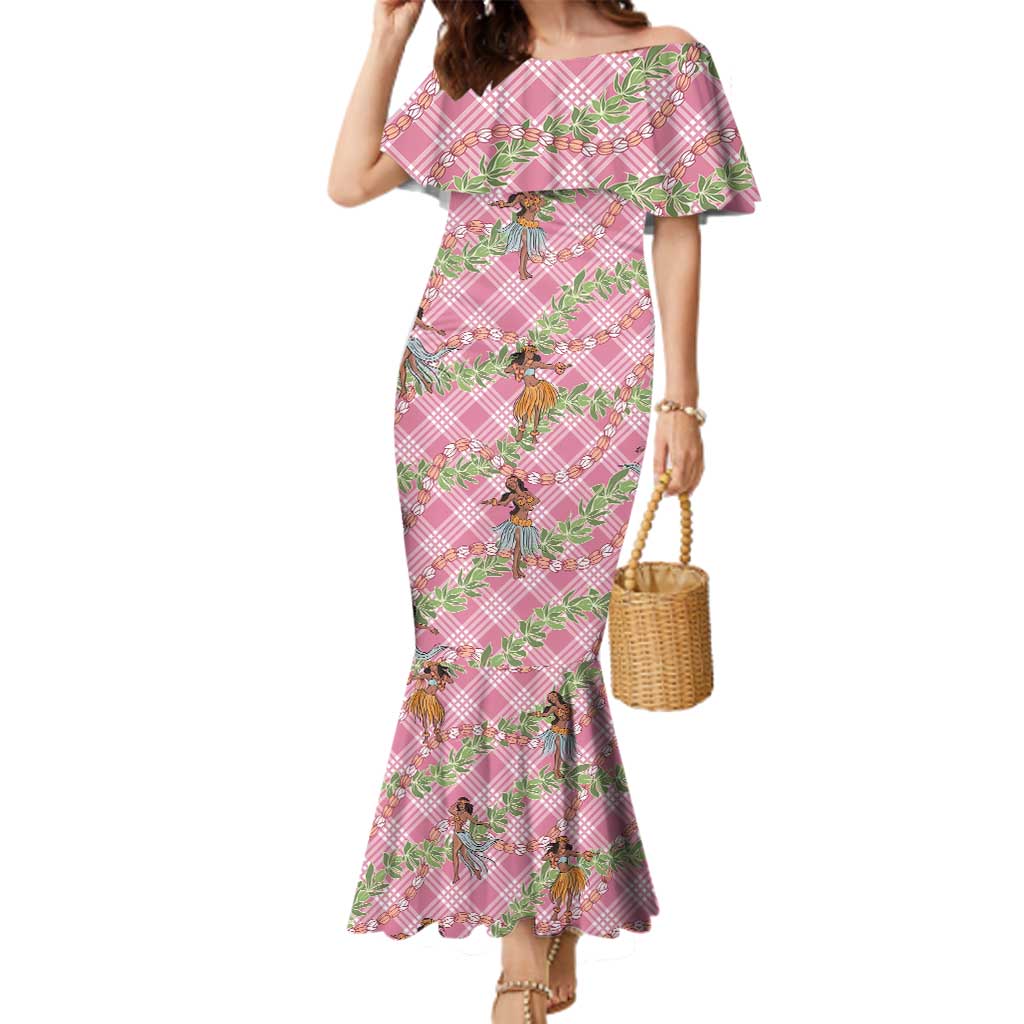 Lokelani Pink Palaka Hula Girls Seamless Hawaii Aloha Family Matching Mermaid Dress and Hawaiian Shirt LT7 Mom's Dress Pink - Polynesian Pride