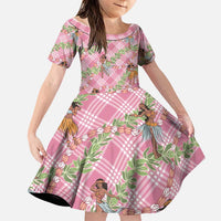 Lokelani Pink Palaka Hula Girls Seamless Hawaii Aloha Family Matching Off Shoulder Short Dress and Hawaiian Shirt LT7 Daughter's Dress Pink - Polynesian Pride