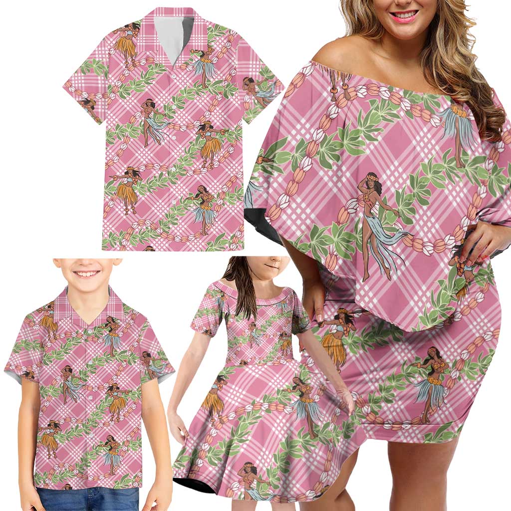Lokelani Pink Palaka Hula Girls Seamless Hawaii Aloha Family Matching Off Shoulder Short Dress and Hawaiian Shirt LT7 - Polynesian Pride