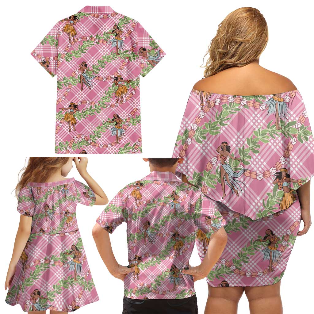 Lokelani Pink Palaka Hula Girls Seamless Hawaii Aloha Family Matching Off Shoulder Short Dress and Hawaiian Shirt LT7 - Polynesian Pride