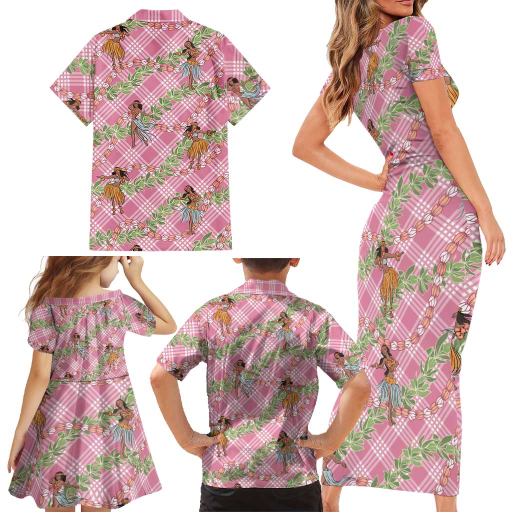 Lokelani Pink Palaka Hula Girls Seamless Hawaii Aloha Family Matching Short Sleeve Bodycon Dress and Hawaiian Shirt LT7 - Polynesian Pride