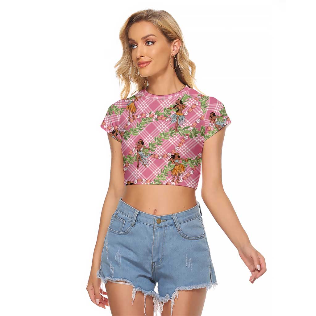 Lokelani Pink Palaka Hula Girls Seamless Hawaii Aloha Raglan Cropped T Shirt - Polynesian Pride