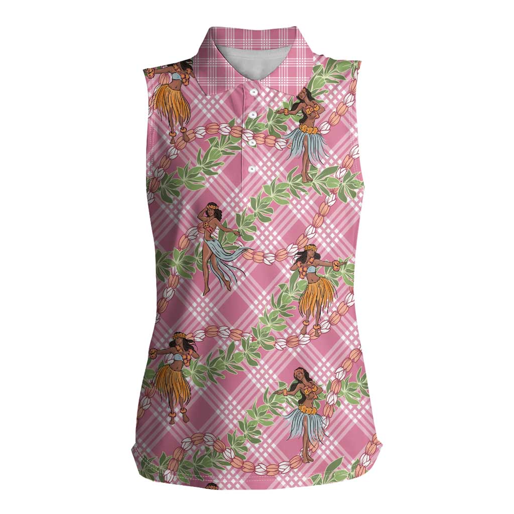 Lokelani Pink Palaka Hula Girls Seamless Hawaii Aloha Women Sleeveless Polo Shirt LT7 Female Pink - Polynesian Pride