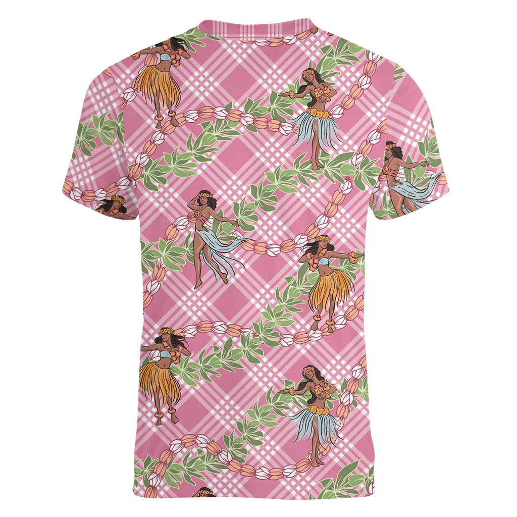 Lokelani Pink Palaka Hula Girls Seamless Hawaii Aloha Women V-Neck T-Shirt - Polynesian Pride