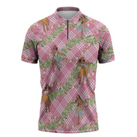 Lokelani Pink Palaka Hula Girls Seamless Hawaii Aloha Zipper Polo Shirt - Polynesian Pride