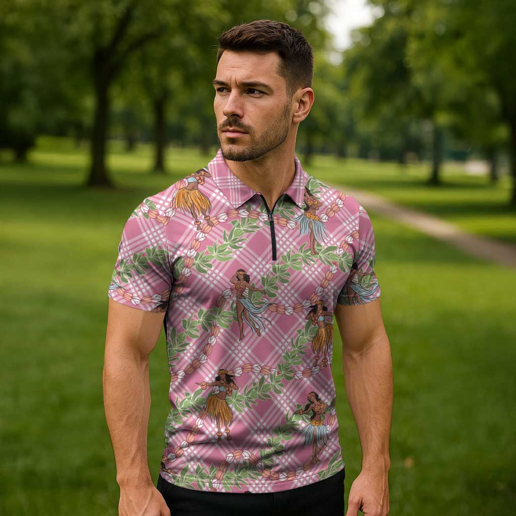 Lokelani Pink Palaka Hula Girls Seamless Hawaii Aloha Zipper Polo Shirt - Polynesian Pride