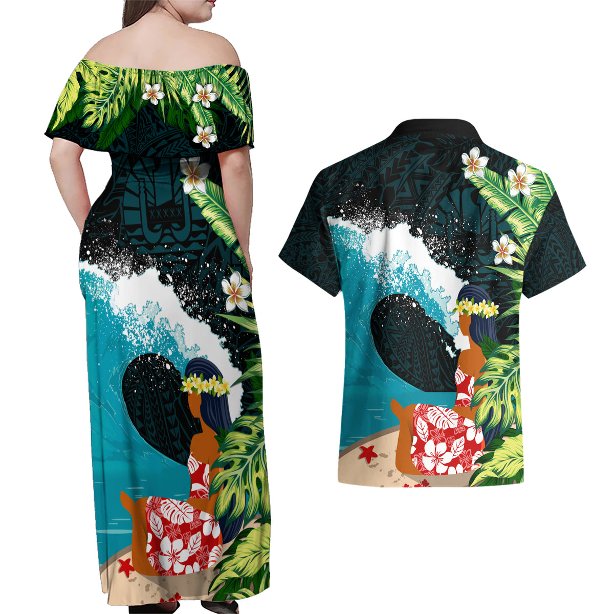 Tahiti Ia Orana Couples Matching Off Shoulder Maxi Dress and Hawaiian Shirt Tahitian Vahine LT7 - Polynesian Pride