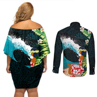 Tahiti Ia Orana Couples Matching Off Shoulder Short Dress and Long Sleeve Button Shirt Tahitian Vahine LT7 - Polynesian Pride