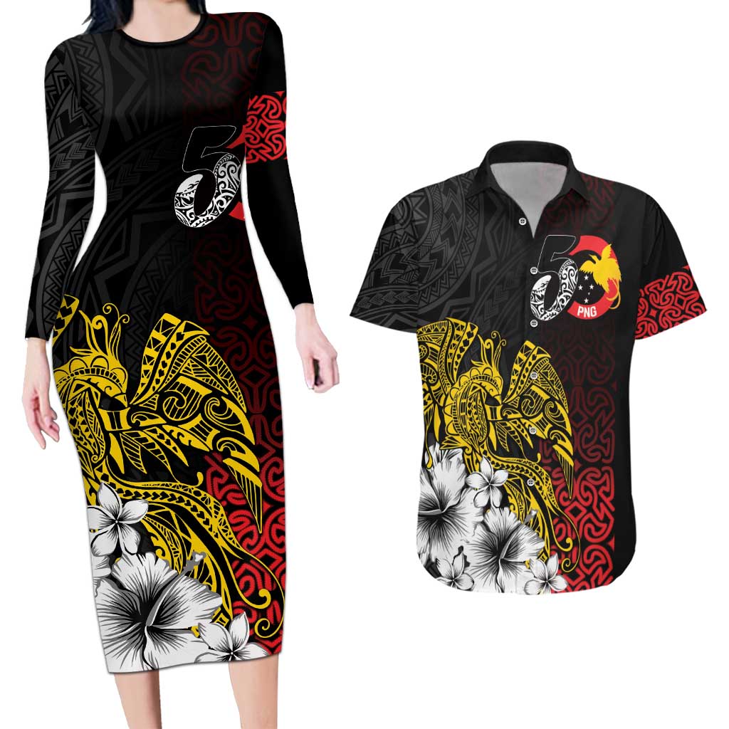 Personalized Papua New Guinea 50th Independence Anniversary Couples Matching Long Sleeve Bodycon Dress and Hawaiian Shirt Oro Tapa Mix Plumeria LT7 Black - Polynesian Pride