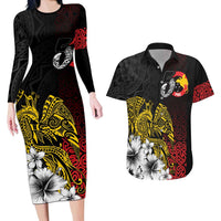 Personalized Papua New Guinea 50th Independence Anniversary Couples Matching Long Sleeve Bodycon Dress and Hawaiian Shirt Oro Tapa Mix Plumeria LT7 Black - Polynesian Pride