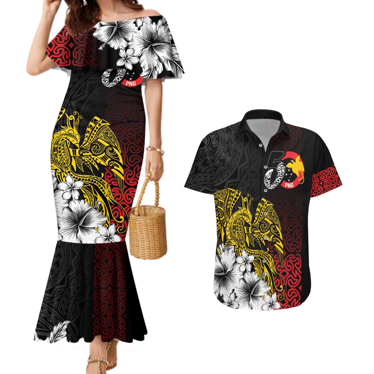 Personalized Papua New Guinea 50th Independence Anniversary Couples Matching Mermaid Dress and Hawaiian Shirt Oro Tapa Mix Plumeria LT7 Black - Polynesian Pride