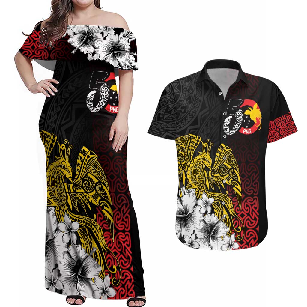 Personalized Papua New Guinea 50th Independence Anniversary Couples Matching Off Shoulder Maxi Dress and Hawaiian Shirt Oro Tapa Mix Plumeria LT7 Black - Polynesian Pride