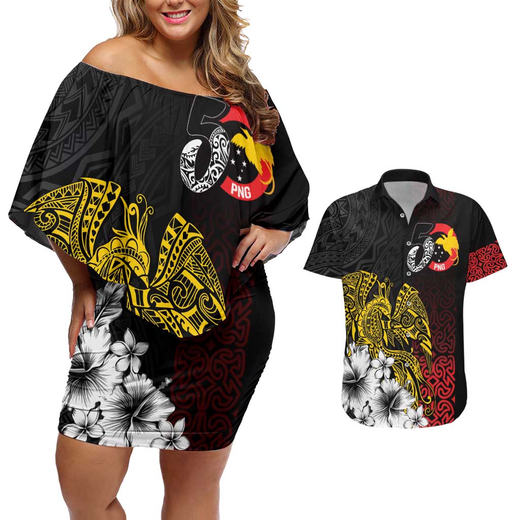 Personalized Papua New Guinea 50th Independence Anniversary Couples Matching Off Shoulder Short Dress and Hawaiian Shirt Oro Tapa Mix Plumeria LT7 Black - Polynesian Pride