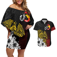 Personalized Papua New Guinea 50th Independence Anniversary Couples Matching Off Shoulder Short Dress and Hawaiian Shirt Oro Tapa Mix Plumeria LT7 Black - Polynesian Pride