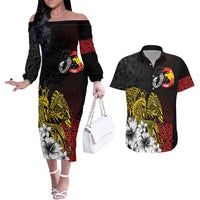 Personalized Papua New Guinea 50th Independence Anniversary Couples Matching Off The Shoulder Long Sleeve Dress and Hawaiian Shirt Oro Tapa Mix Plumeria LT7 Black - Polynesian Pride