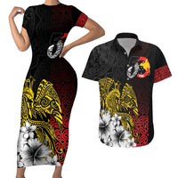 Personalized Papua New Guinea 50th Independence Anniversary Couples Matching Short Sleeve Bodycon Dress and Hawaiian Shirt Oro Tapa Mix Plumeria LT7 Black - Polynesian Pride