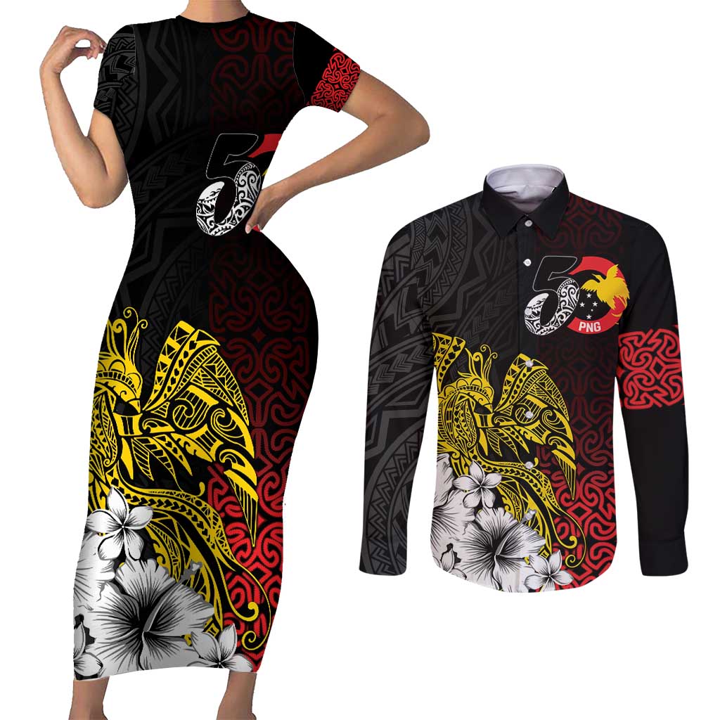 Personalized Papua New Guinea 50th Independence Anniversary Couples Matching Short Sleeve Bodycon Dress and Long Sleeve Button Shirt Oro Tapa Mix Plumeria LT7 Black - Polynesian Pride