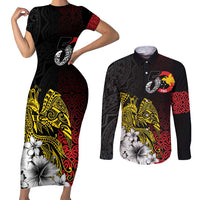 Personalized Papua New Guinea 50th Independence Anniversary Couples Matching Short Sleeve Bodycon Dress and Long Sleeve Button Shirt Oro Tapa Mix Plumeria LT7 Black - Polynesian Pride