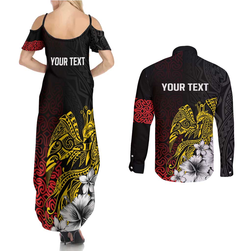 Personalized Papua New Guinea 50th Independence Anniversary Couples Matching Summer Maxi Dress and Long Sleeve Button Shirt Oro Tapa Mix Plumeria