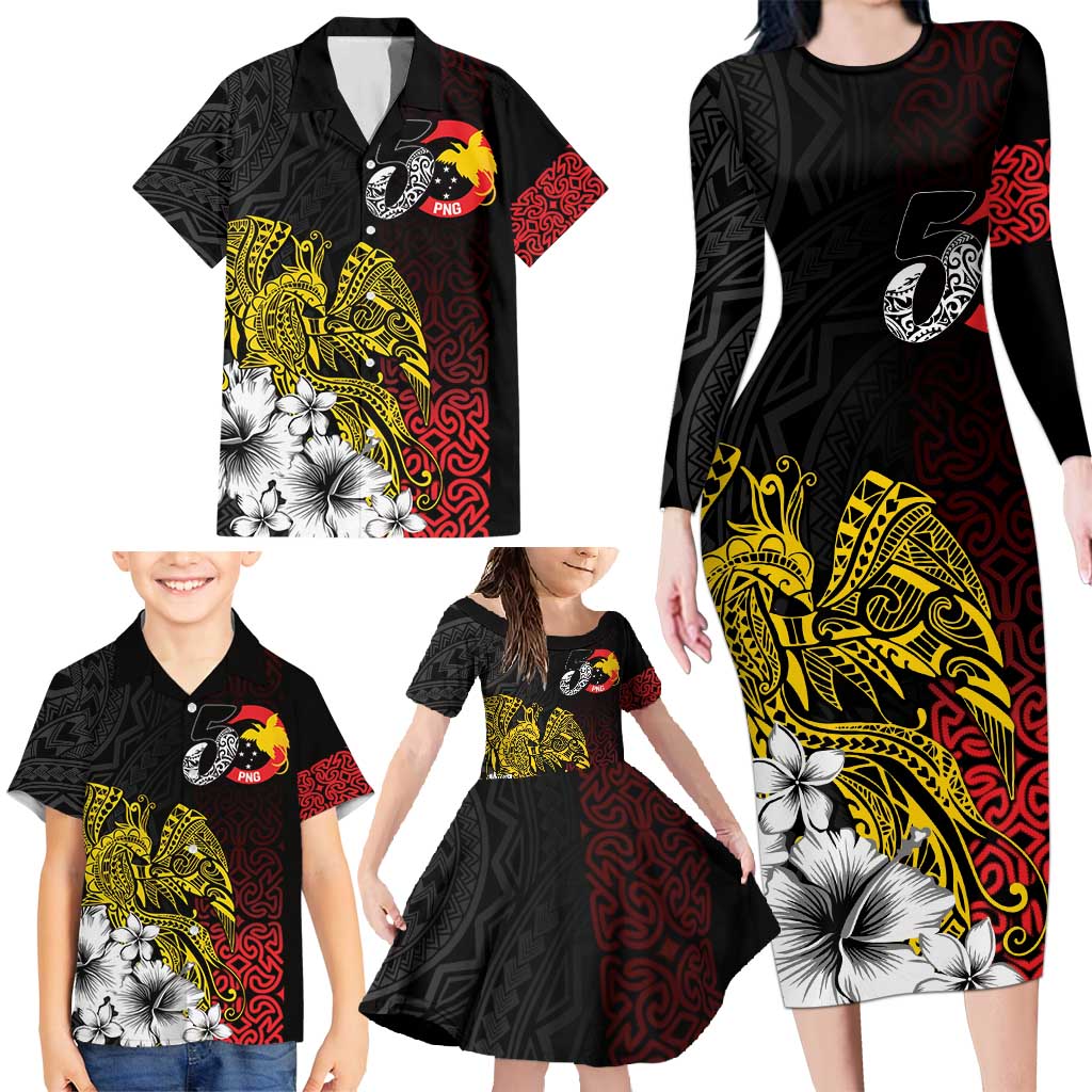 Personalized Papua New Guinea 50th Independence Anniversary Family Matching Long Sleeve Bodycon Dress and Hawaiian Shirt Oro Tapa Mix Plumeria LT7 - Polynesian Pride