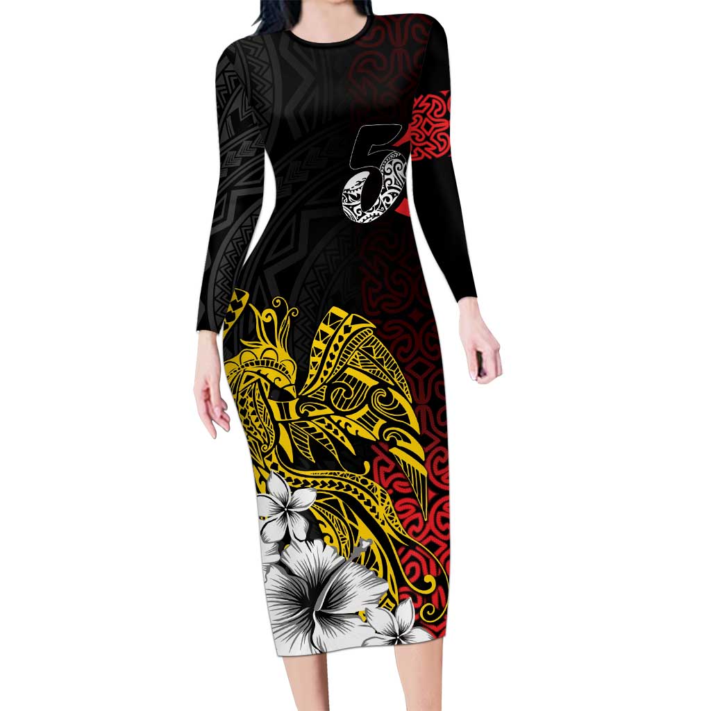 Personalized Papua New Guinea 50th Independence Anniversary Family Matching Long Sleeve Bodycon Dress and Hawaiian Shirt Oro Tapa Mix Plumeria LT7 Mom's Dress Black - Polynesian Pride