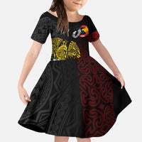 Personalized Papua New Guinea 50th Independence Anniversary Family Matching Off The Shoulder Long Sleeve Dress and Hawaiian Shirt Oro Tapa Mix Plumeria LT7 Daughter's Dress Black - Polynesian Pride
