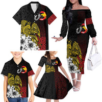 Personalized Papua New Guinea 50th Independence Anniversary Family Matching Off The Shoulder Long Sleeve Dress and Hawaiian Shirt Oro Tapa Mix Plumeria LT7 - Polynesian Pride