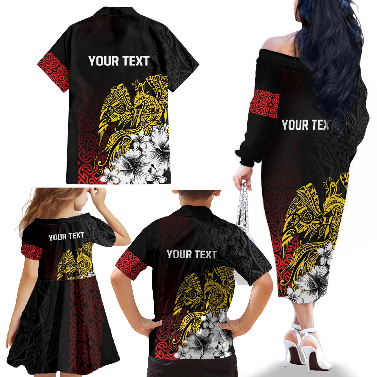 Personalized Papua New Guinea 50th Independence Anniversary Family Matching Off The Shoulder Long Sleeve Dress and Hawaiian Shirt Oro Tapa Mix Plumeria LT7 - Polynesian Pride