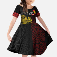 Personalized Papua New Guinea 50th Independence Anniversary Family Matching Off Shoulder Maxi Dress and Hawaiian Shirt Oro Tapa Mix Plumeria LT7 Daughter's Dress Black - Polynesian Pride