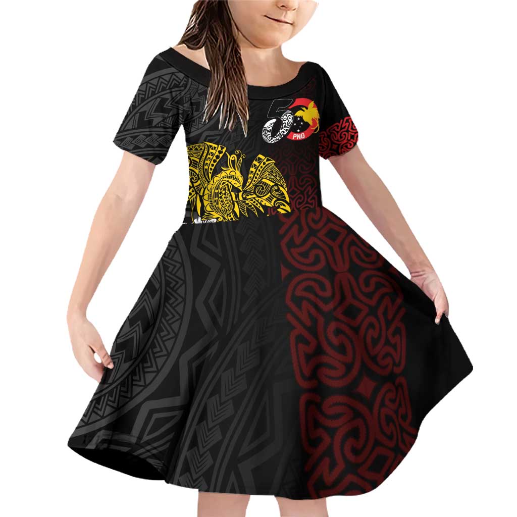 Personalized Papua New Guinea 50th Independence Anniversary Family Matching Off Shoulder Short Dress and Hawaiian Shirt Oro Tapa Mix Plumeria LT7 Daughter's Dress Black - Polynesian Pride