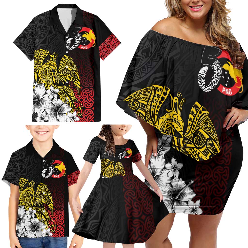 Personalized Papua New Guinea 50th Independence Anniversary Family Matching Off Shoulder Short Dress and Hawaiian Shirt Oro Tapa Mix Plumeria LT7 - Polynesian Pride