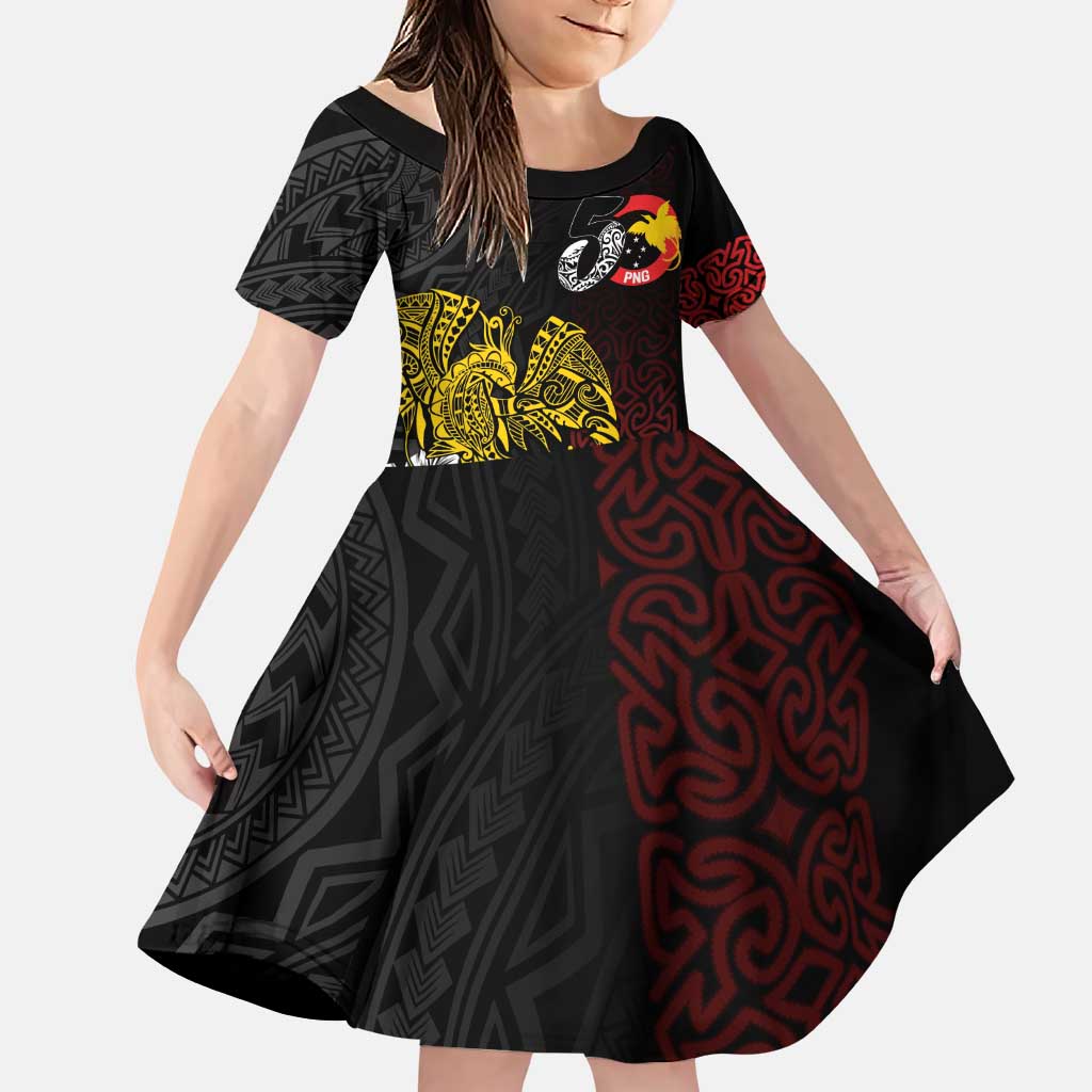 Personalized Papua New Guinea 50th Independence Anniversary Family Matching Puletasi and Hawaiian Shirt Oro Tapa Mix Plumeria LT7 Daughter's Dress Black - Polynesian Pride