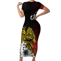 Personalized Papua New Guinea 50th Independence Anniversary Family Matching Short Sleeve Bodycon Dress and Hawaiian Shirt Oro Tapa Mix Plumeria LT7 Mom's Dress Black - Polynesian Pride