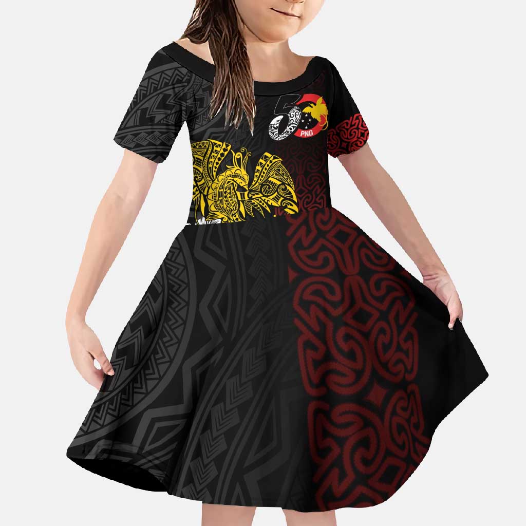 Personalized Papua New Guinea 50th Independence Anniversary Family Matching Summer Maxi Dress and Hawaiian Shirt Oro Tapa Mix Plumeria LT7 Daughter's Dress Black - Polynesian Pride