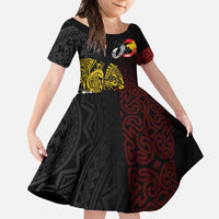 Personalized Papua New Guinea 50th Independence Anniversary Family Matching Summer Maxi Dress and Hawaiian Shirt Oro Tapa Mix Plumeria LT7 Daughter's Dress Black - Polynesian Pride