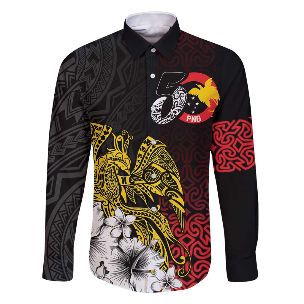 Personalized Papua New Guinea 50th Independence Anniversary Family Matching Summer Maxi Dress and Hawaiian Shirt Oro Tapa Mix Plumeria LT7 Dad's Shirt - Long Sleeve Black - Polynesian Pride