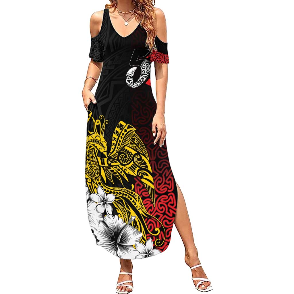 Personalized Papua New Guinea 50th Independence Anniversary Family Matching Summer Maxi Dress and Hawaiian Shirt Oro Tapa Mix Plumeria LT7 Mom's Dress Black - Polynesian Pride