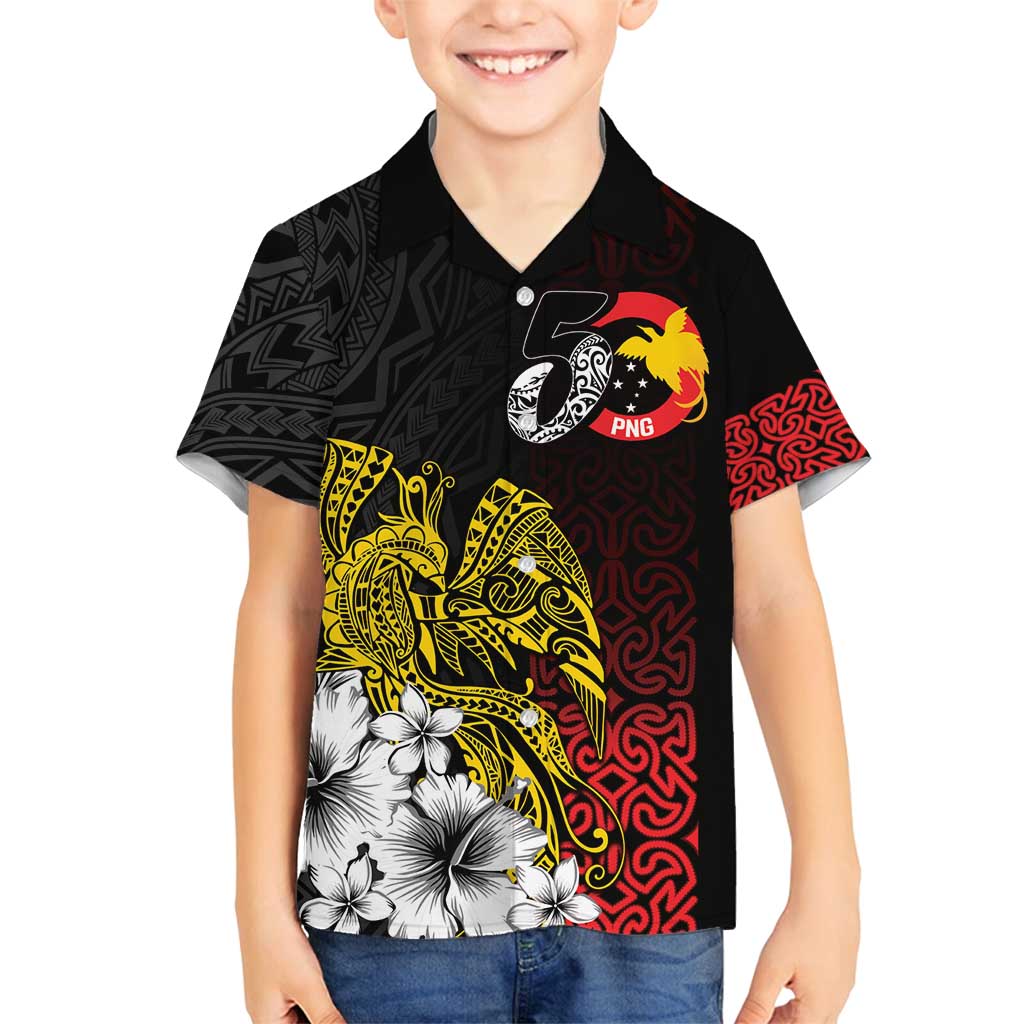 Personalized Papua New Guinea 50th Independence Anniversary Family Matching Summer Maxi Dress and Hawaiian Shirt Oro Tapa Mix Plumeria LT7 Son's Shirt Black - Polynesian Pride