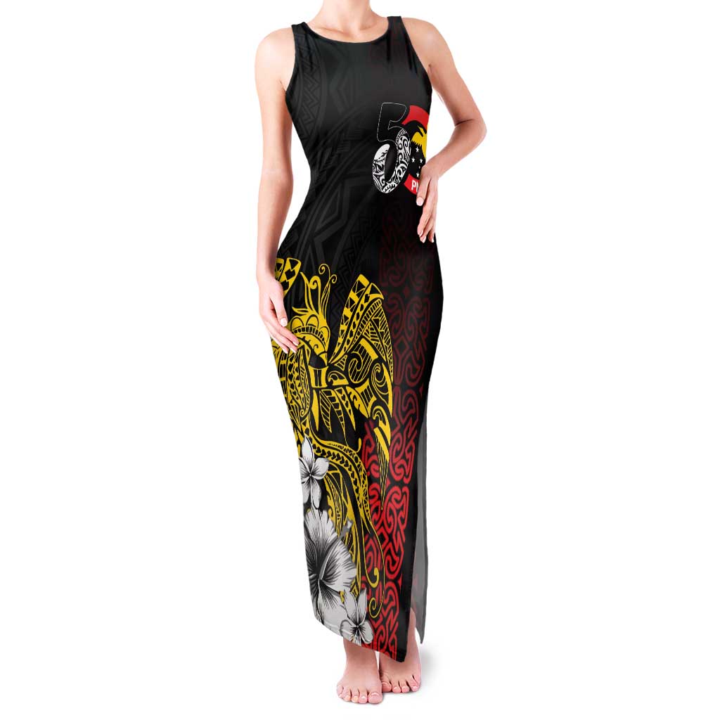 Personalized Papua New Guinea 50th Independence Anniversary Family Matching Tank Maxi Dress and Hawaiian Shirt Oro Tapa Mix Plumeria LT7 Mom's Dress Black - Polynesian Pride