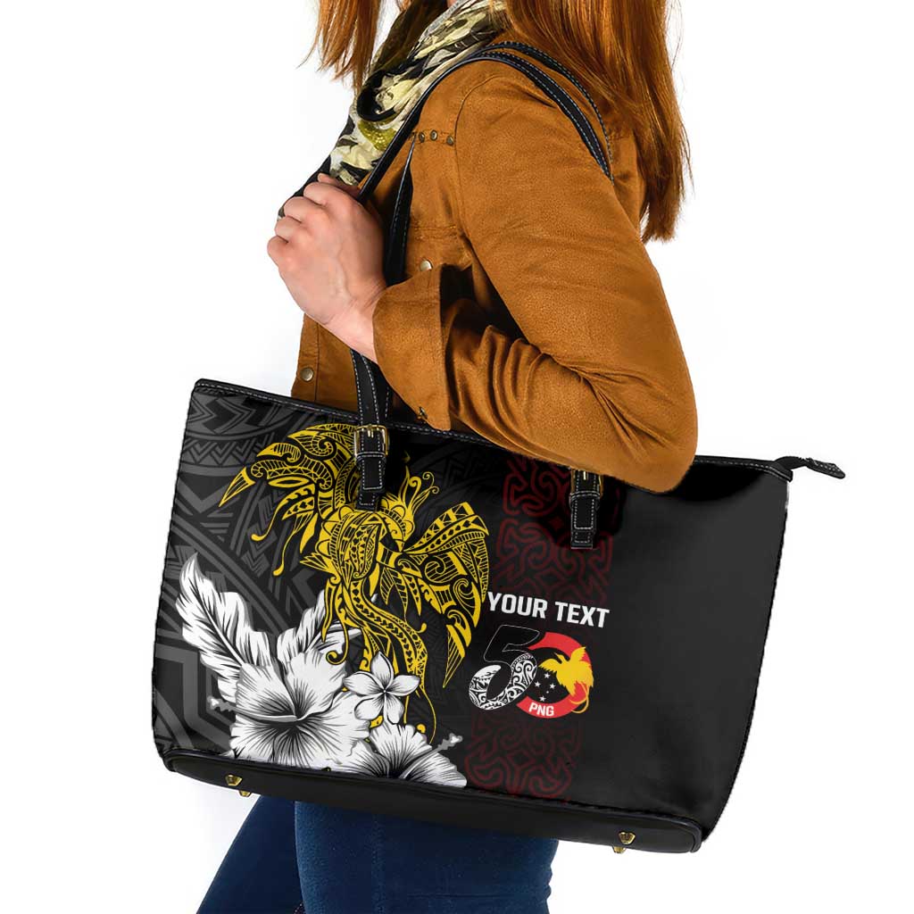 Personalized Papua New Guinea 50th Independence Anniversary Leather Tote Bag Oro Tapa Mix Plumeria