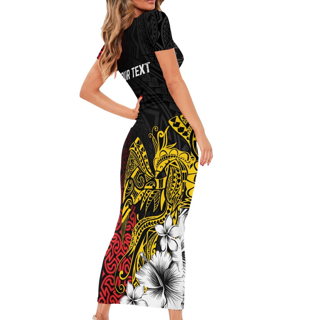 Personalized Papua New Guinea 50th Independence Anniversary Short Sleeve Bodycon Dress Oro Tapa Mix Plumeria