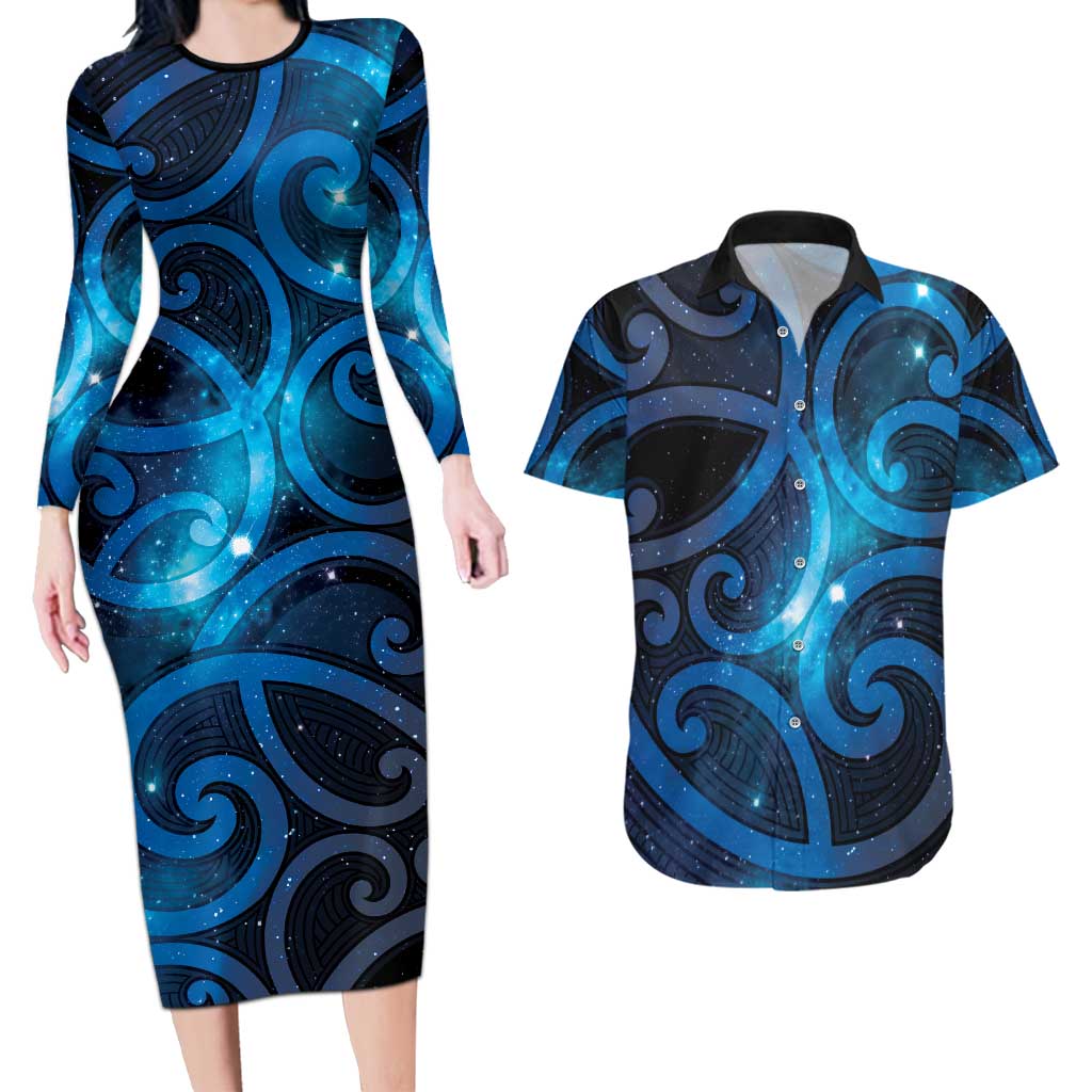 New Zealand Maori Matariki Couples Matching Long Sleeve Bodycon Dress and Hawaiian Shirt Galaxy Kowhaiwhai LT7 Galaxy - Polynesian Pride