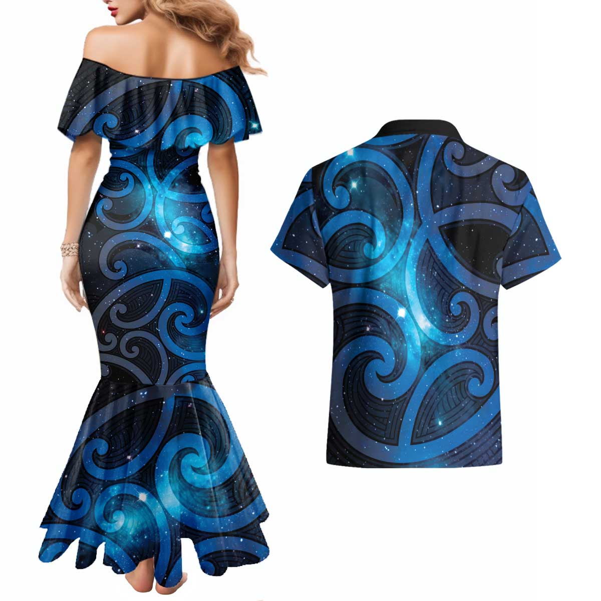 New Zealand Maori Matariki Couples Matching Mermaid Dress and Hawaiian Shirt Galaxy Kowhaiwhai LT7 - Polynesian Pride