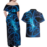 New Zealand Maori Matariki Couples Matching Off Shoulder Maxi Dress and Hawaiian Shirt Galaxy Kowhaiwhai LT7 - Polynesian Pride