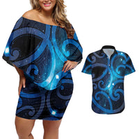 New Zealand Maori Matariki Couples Matching Off Shoulder Short Dress and Hawaiian Shirt Galaxy Kowhaiwhai LT7 Galaxy - Polynesian Pride